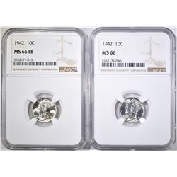 2-1942 MERCURY DIMES, NGC MS-66 & 66 FB