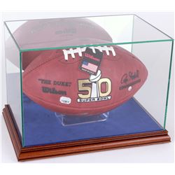 Premium Rectangle Football Display Case with Mirrored Back, Blue Suede  Walnut Wood Base