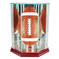 Premium Octagon Upright Football Display Case with Mirrored Back  Cherry Wood Base (New)