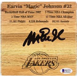 Magic Johnson Signed 6x6 Custom Engraved Wood Floorboard Piece (Beckett COA)