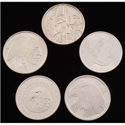 Lot of (5) .999 Fine Silver Bullion Rounds with (1) Ounce,  (4) Troy Ounce