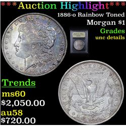 ***Auction Highlight*** 1886-o Rainbow Toned Morgan Dollar $1 Graded Unc Details By USCG (fc)