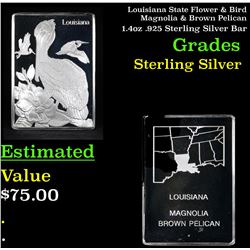 Louisiana State Flower & Bird Magnolia & Brown Pelican 1.4oz .925 Sterling Silver Bar Grades