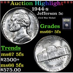 ***Auction Highlight*** 1944-s Jefferson Nickel 5c Graded GEM++ 5fs By USCG (fc)