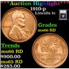 Image 1 : ***Auction Highlight*** 1910-p Lincoln Cent 1c Graded GEM+ Unc RD By USCG (fc)