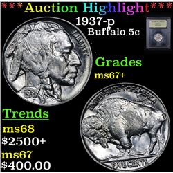 ***Auction Highlight*** 1937-p Buffalo Nickel 5c Graded Gem++ Unc By USCG (fc)