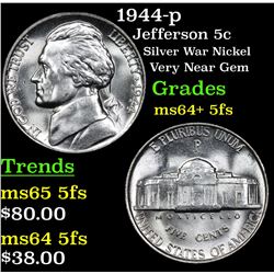1944-p Jefferson Nickel 5c Grades Choice Unc+ 5fs