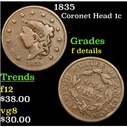 1835 Coronet Head Large Cent 1c Grades f details