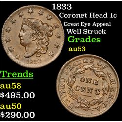 1833 Coronet Head Large Cent 1c Grades Select AU