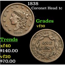 1838 Coronet Head Large Cent 1c Grades vf++