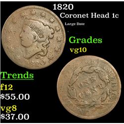 1820 Coronet Head Large Cent 1c Grades vg+