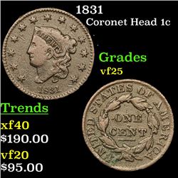 1831 Coronet Head Large Cent 1c Grades vf+