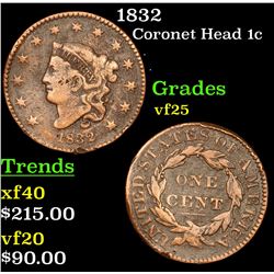 1832 Coronet Head Large Cent 1c Grades vf+