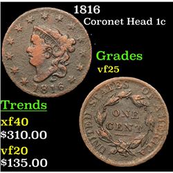 1816 Coronet Head Large Cent 1c Grades vf+