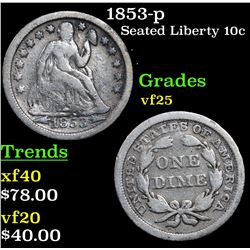 1853-p Seated Liberty Dime 10c Grades vf+