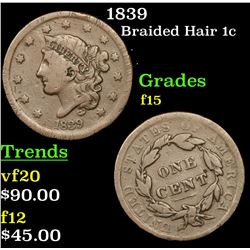 1839 Braided Hair Large Cent 1c Grades f+