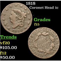 1818 Coronet Head Large Cent 1c Grades f+