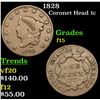 Image 1 : 1828 Coronet Head Large Cent 1c Grades f+