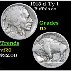 1913-d Ty I Buffalo Nickel 5c Grades f+