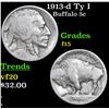 Image 1 : 1913-d Ty I Buffalo Nickel 5c Grades f+