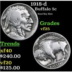 1918-d Buffalo Nickel 5c Grades vf+