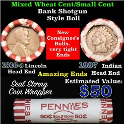 Mixed small cents 1c orig shotgun roll, 1916-d Wheat Cent, 1887 Indian Cent other end