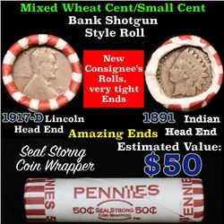 Mixed small cents 1c orig shotgun roll,1917-d Wheat Cent,1891 Indian Cent other end