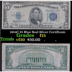 1934C $5 Blue Seal Silver Certificate . . Grades f+