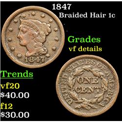 1847 Braided Hair Large Cent 1c Grades vf details