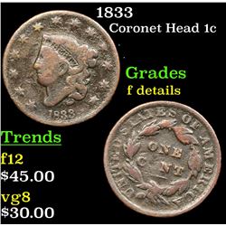 1833 Coronet Head Large Cent 1c Grades f details