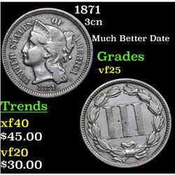 1871 Three Cent Copper Nickel 3cn Grades vf+