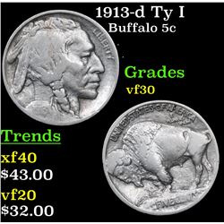 1913-d Ty I Buffalo Nickel 5c Grades vf++
