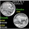 Image 1 : 1913-d Ty I Buffalo Nickel 5c Grades vf++