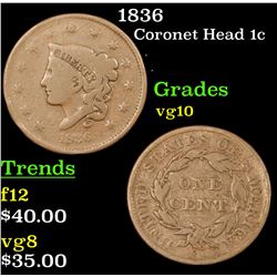 1836 Coronet Head Large Cent 1c Grades vg+