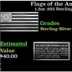 Flags of the American Revolution 3rd Maryland Regiment Color 1.2oz .925 Sterling Silver Bar Grades