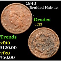 1843 Braided Hair Large Cent 1c Grades vf+