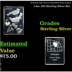 Wisconsin State Flower & Bird Wood Violet & Robin 1.4oz .925 Sterling Silver Bar Grades
