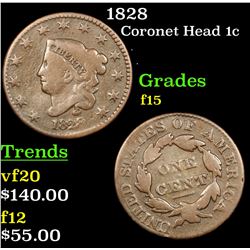 1828 Coronet Head Large Cent 1c Grades f+