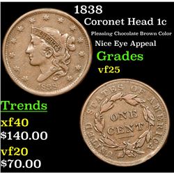 1838 Coronet Head Large Cent 1c Grades vf+