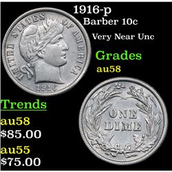 1916-p Barber Dime 10c Grades Choice AU/BU Slider