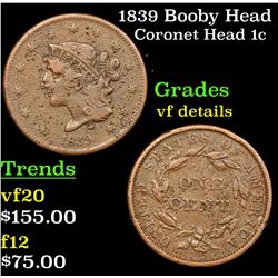 1839 Booby Head Coronet Head Large Cent 1c Grades vf details