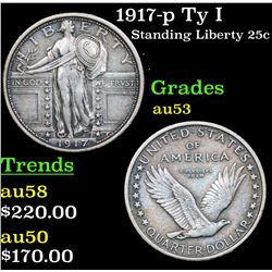 1917-p Ty I Standing Liberty Quarter 25c Grades Select AU