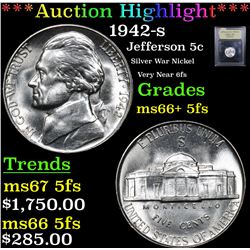 ***Auction Highlight*** 1942-s Jefferson Nickel 5c Graded GEM++ 5fs By USCG (fc)