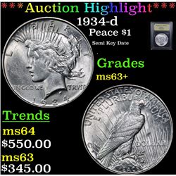 ***Auction Highlight*** 1934-d Peace Dollar $1 Graded Select+ Unc By USCG (fc)