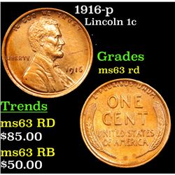 1916-p Lincoln Cent 1c Grades Select+ Unc RD