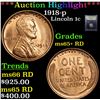 Image 1 : ***Auction Highlight*** 1918-p Lincoln Cent 1c Graded Gem+ Unc RD By USCG (fc)