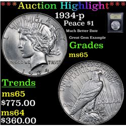 ***Auction Highlight*** 1934-p Peace Dollar $1 Graded GEM Unc By USCG (fc)