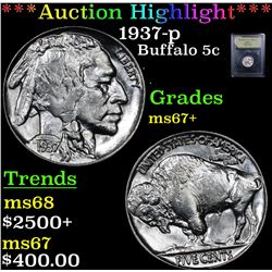 ***Auction Highlight*** 1937-p Buffalo Nickel 5c Graded Gem++ Unc By USCG (fc)