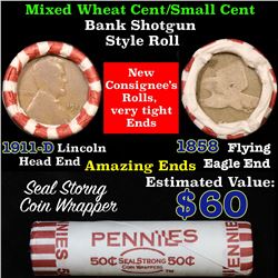 Mixed small cents 1c orig shotgun roll, 1858 Flying Eagle Cent, 1911-d Wheat Cent other end