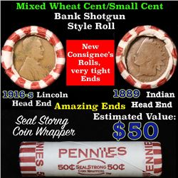 Mixed small cents 1c orig shotgun roll, 1916-d Wheat Cent, 1889 Indian Cent other end